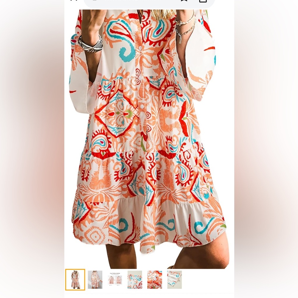 SELINK Long Sleeve Dresses Casual V Neck Tribal Print Button Flowy Mini Dress - Picture 4 of 9